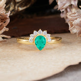 Unique Pear Cut Halo Emerald Engagement Ring Bezel Cluster Ring